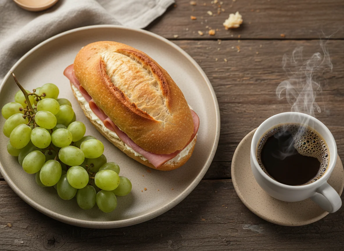 Lanche com pão francês, uvas e café photo