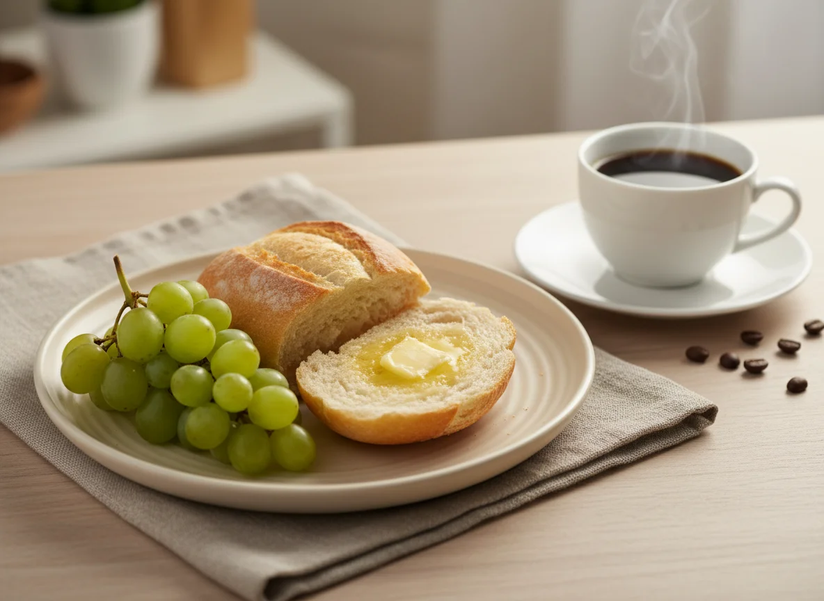 Lanche com pão, uvas e café photo
