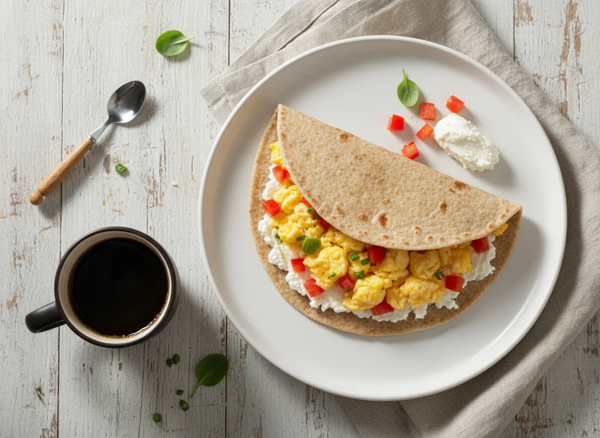 Lanche com Rap 10, ovos mexidos, tomate e creme de ricota photo