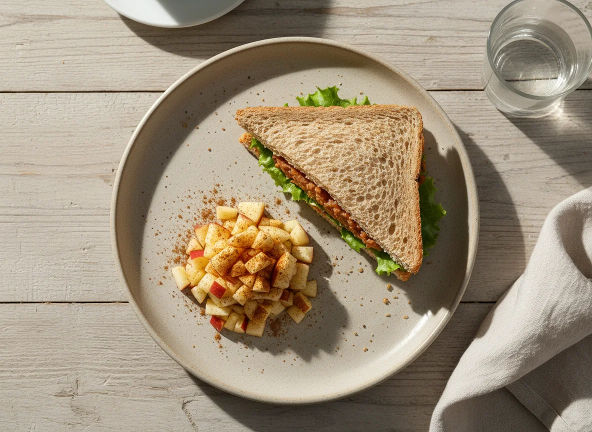Lanche com sanduíche e maçã picada photo