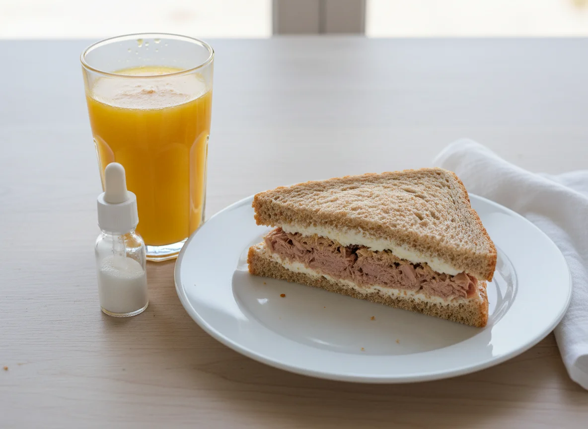 Lanche com suco de laranja e adoçante photo