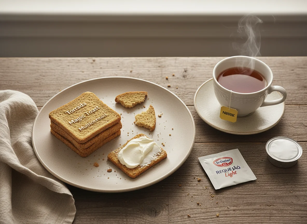 Lanche com torradas, requeijão e chá photo