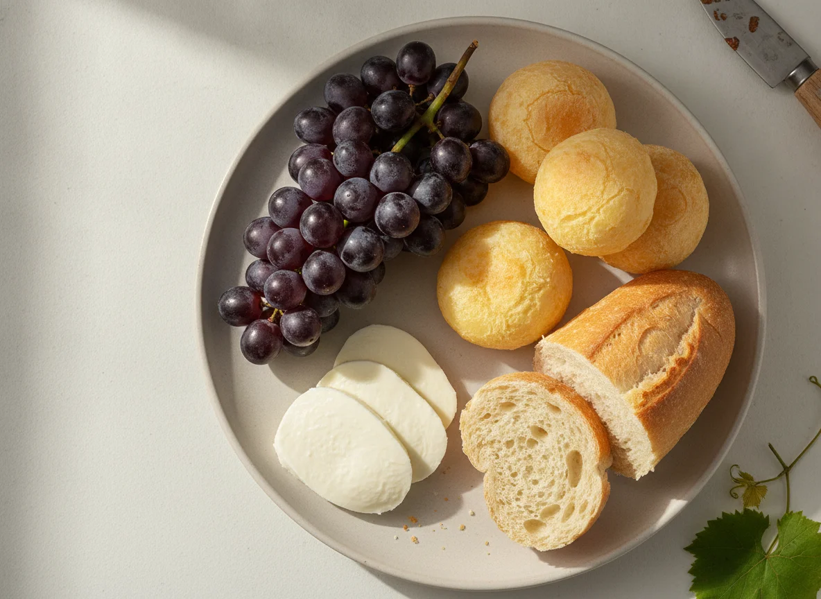 Lanche com uvas e pão de queijo photo