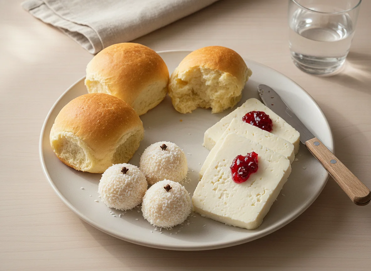 Lanche da tarde com pão, beijinho e queijo photo