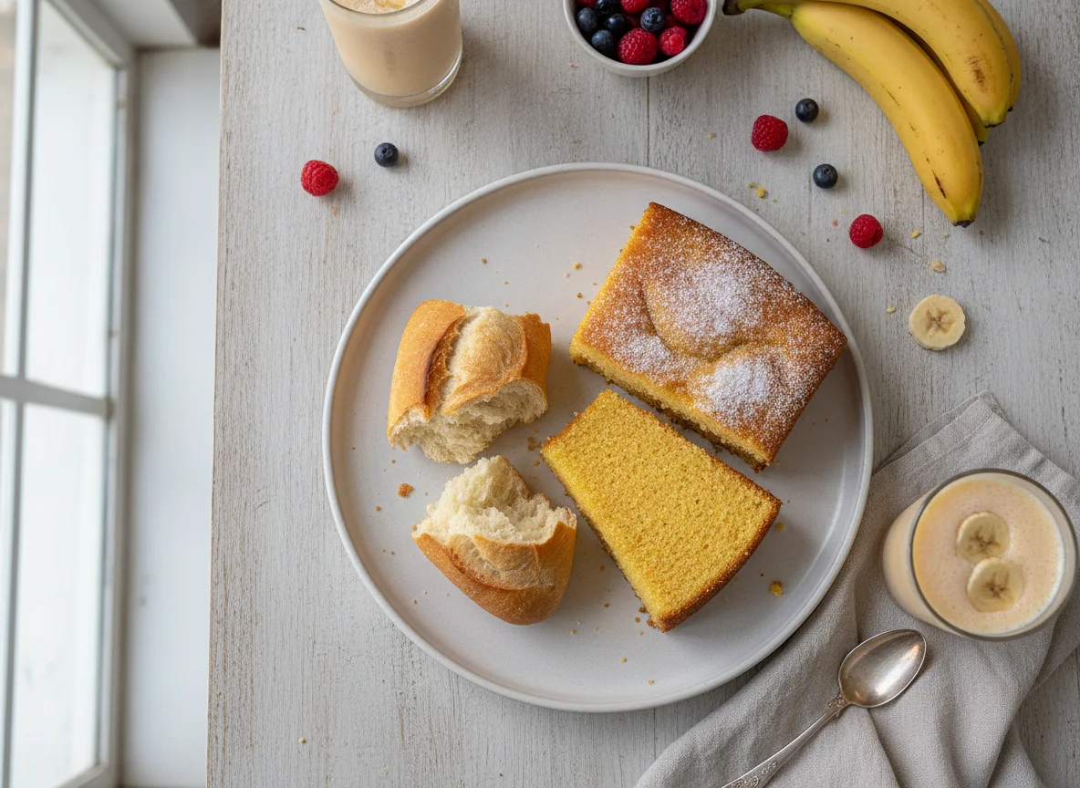 Lanche da tarde com pão, bolo e vitamina photo