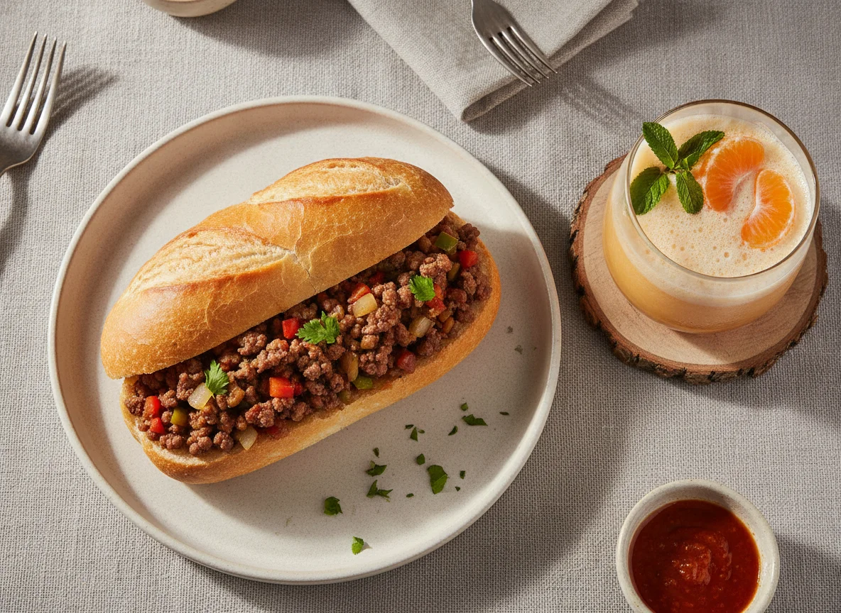 Lanche de carne moída e bebida proteica photo
