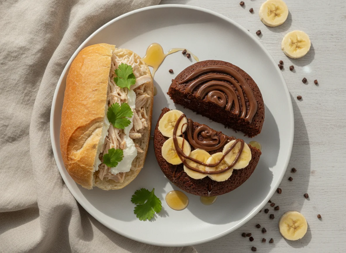 Lanche de frango e bolo de arroz com cacau e whey photo