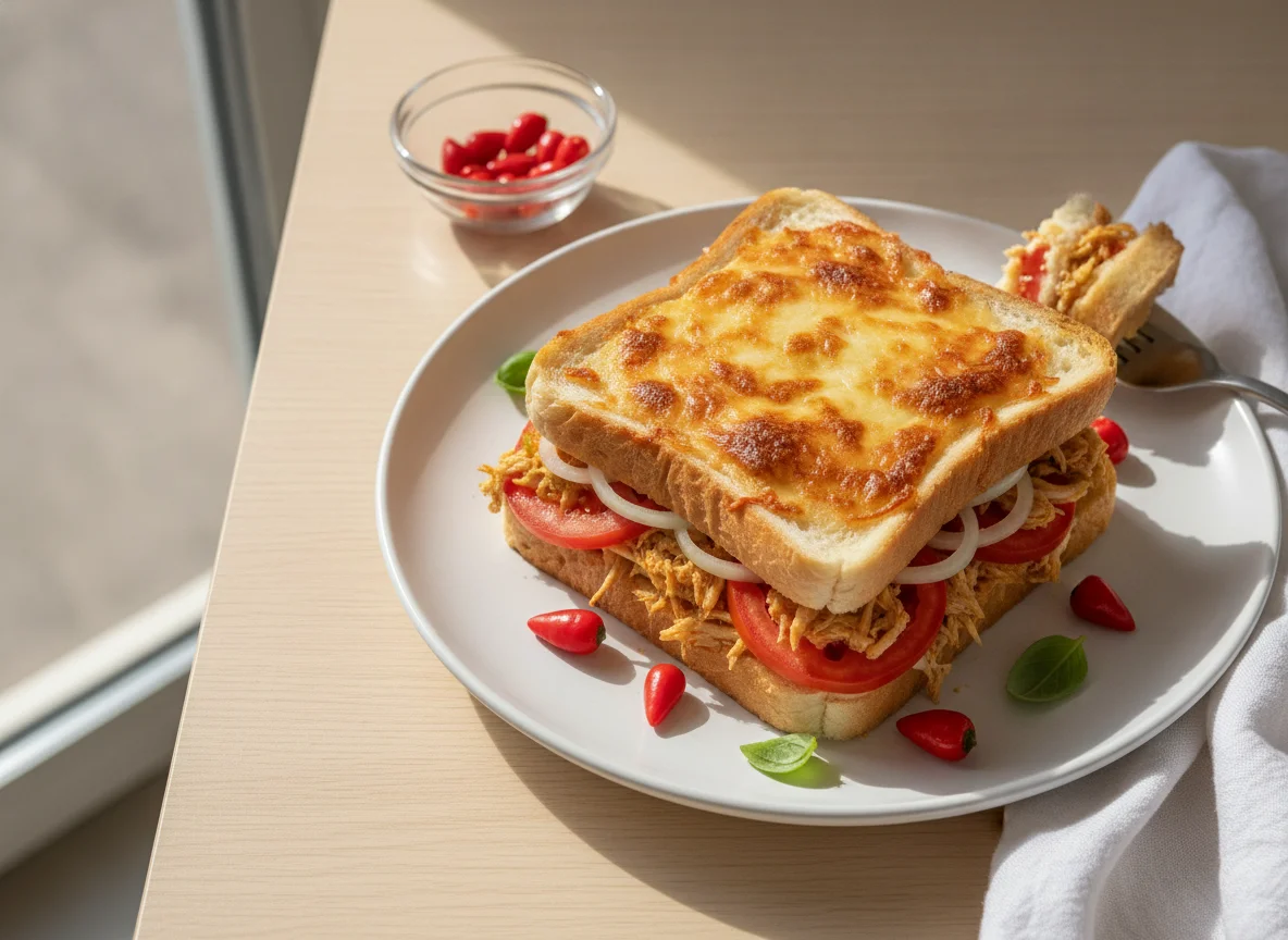 Lanche de Frango Gratinado com Pão de Forma photo