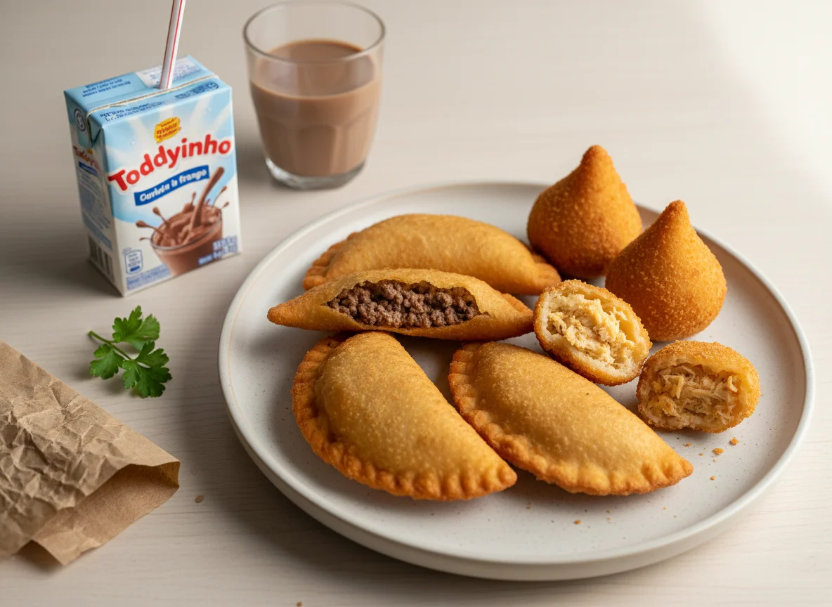 Lanche de salgados e bebida achocolatada photo