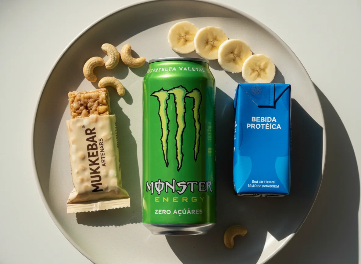 Lanche rápido com energético e barra de proteína photo