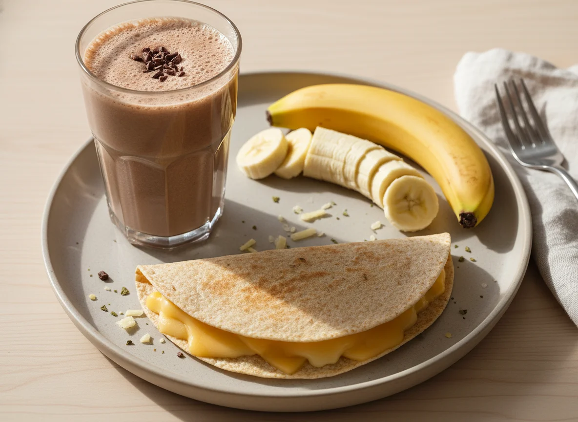 Lanche rápido com shake de proteína, banana e wrap de queijo photo