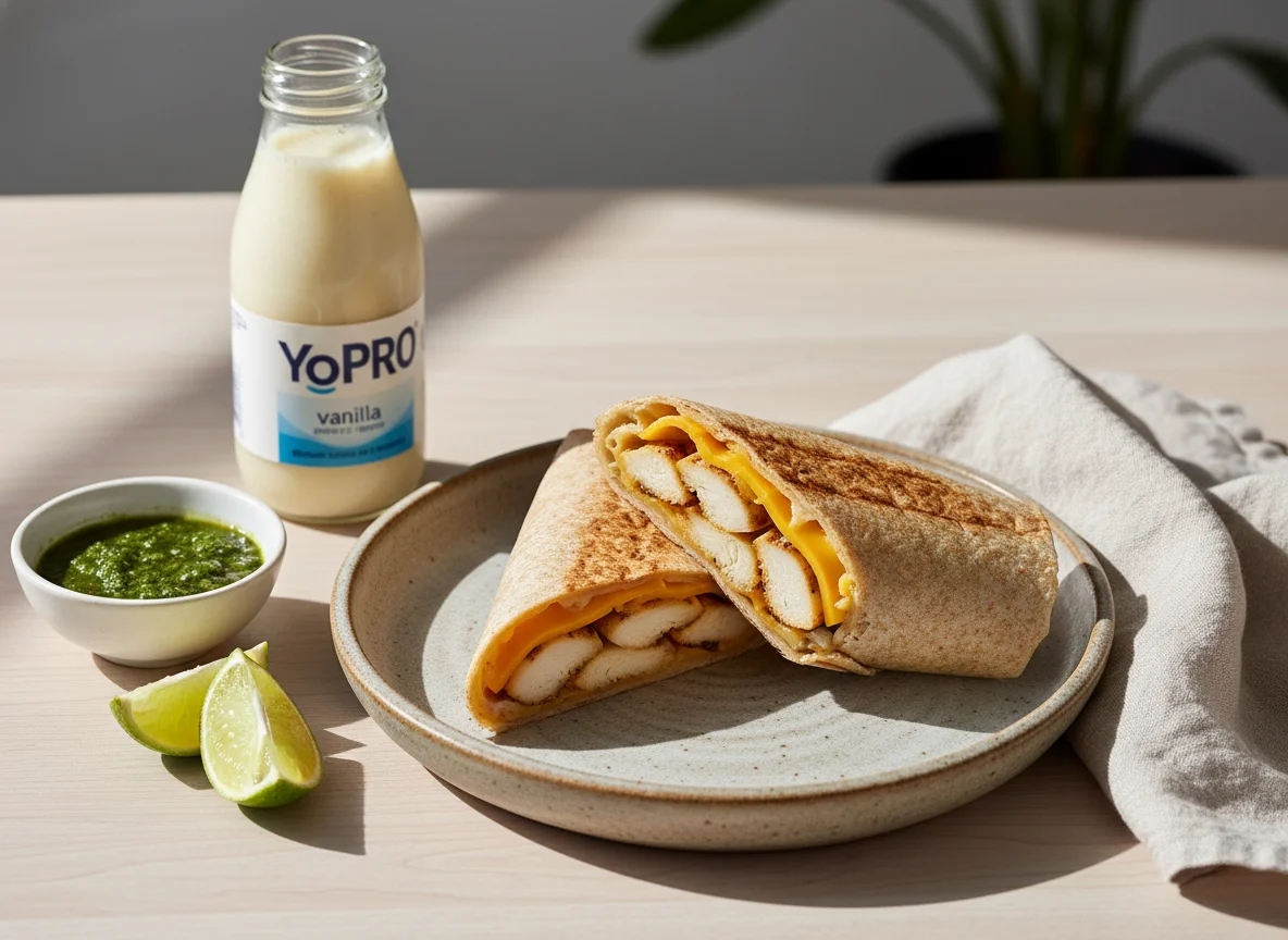 Lanche rápido com wrap e bebida proteica photo