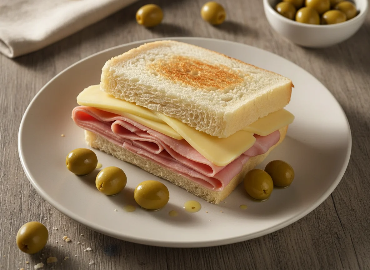 Lanche simples com presunto, queijo e azeitonas photo