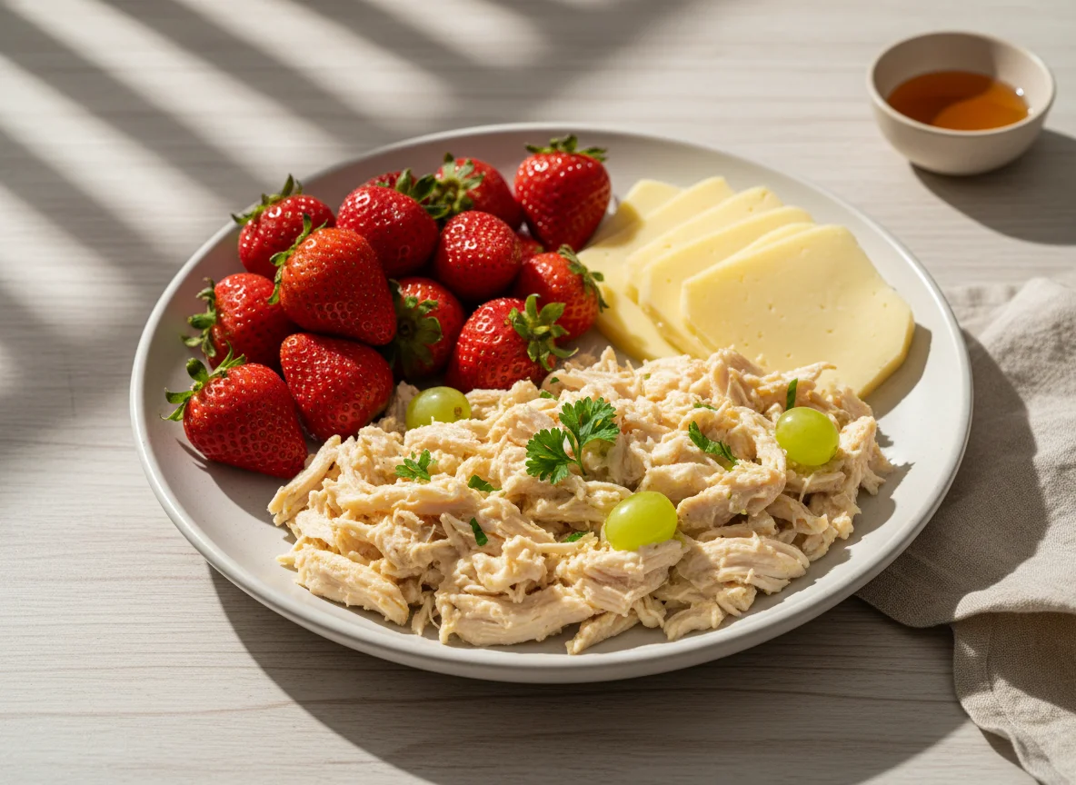 Lanche variado com frutas, queijo e frango desfiado photo