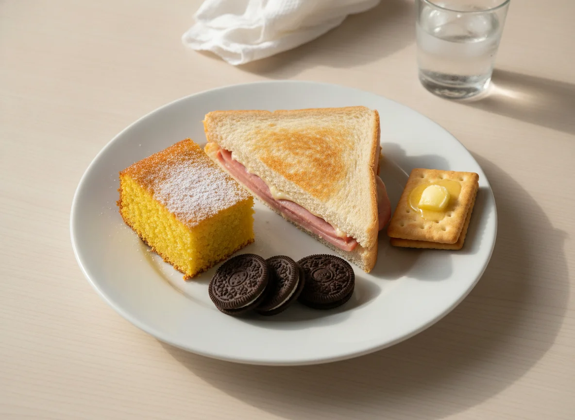 Lanche variado com misto quente, biscoitos e bolo photo