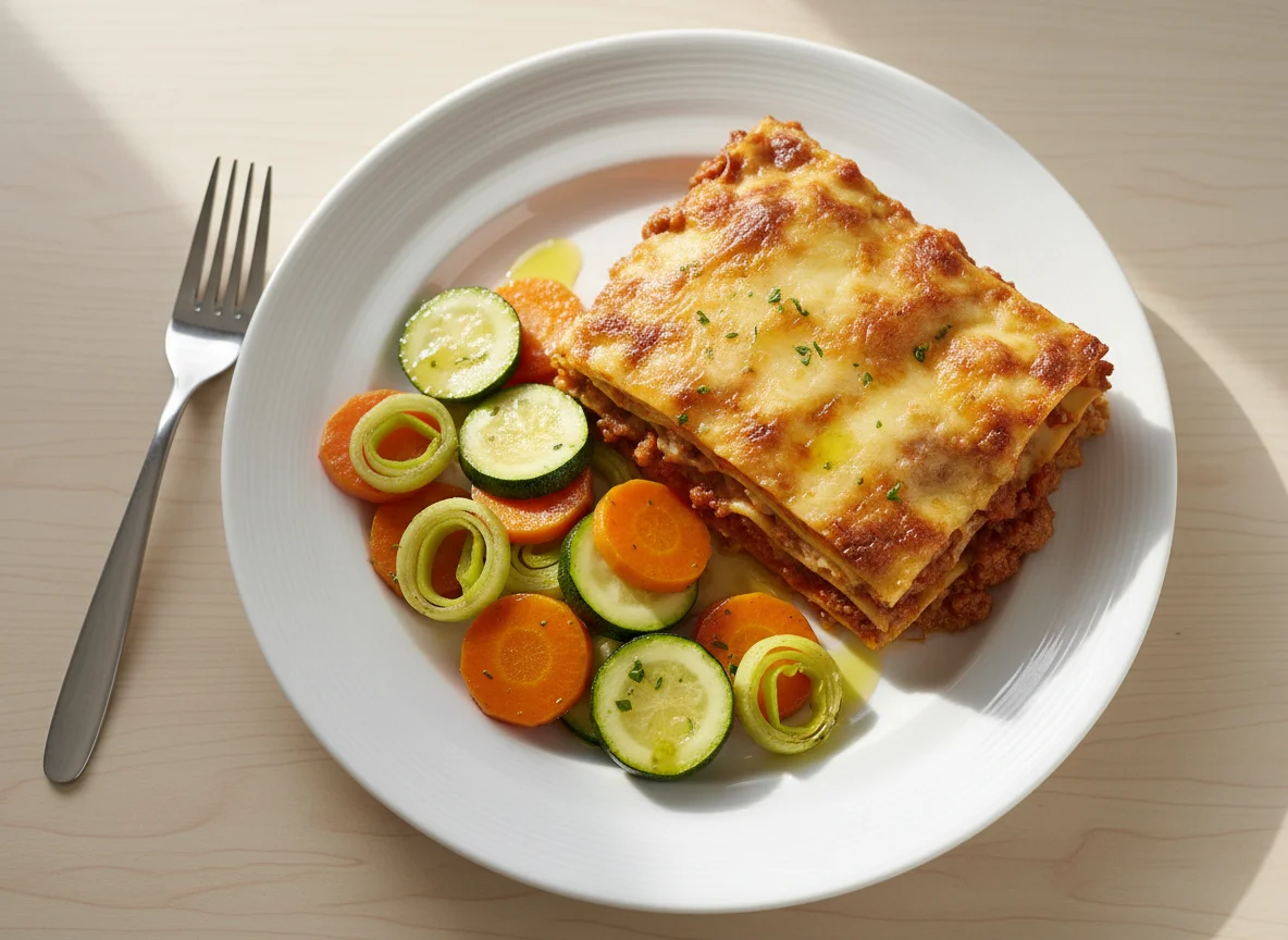 Lasanha à bolonhesa com legumes salteados photo