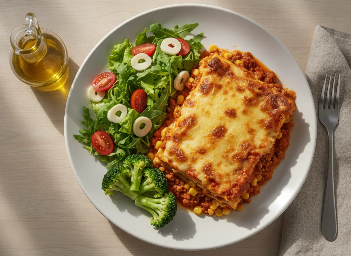 Lasanha à Bolonhesa com Salada e Brócolis photo