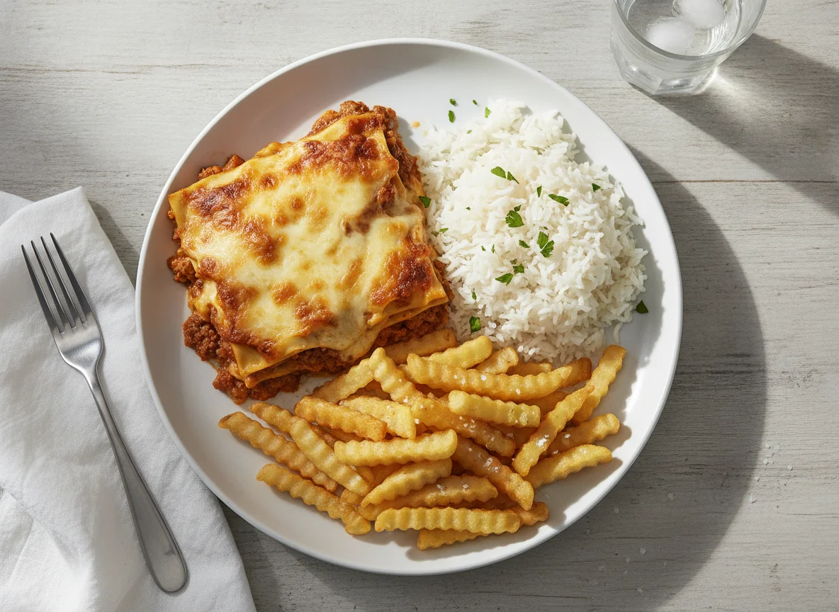 Lasanha com arroz e batata frita photo