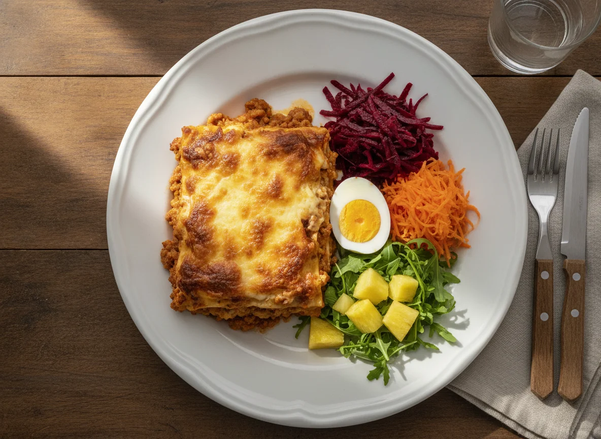 Lasanha com Salada e Ovo Cozido photo