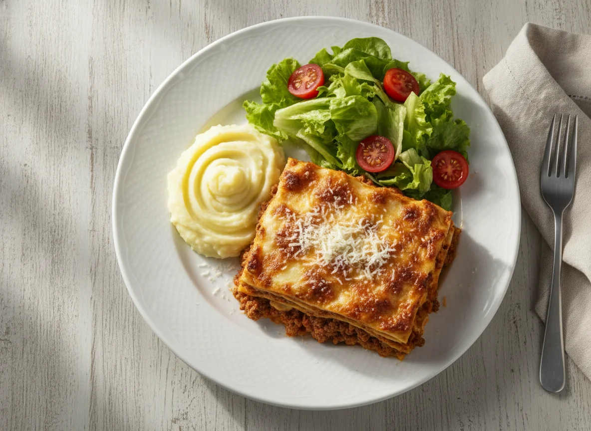 Lasanha com salada e purê photo