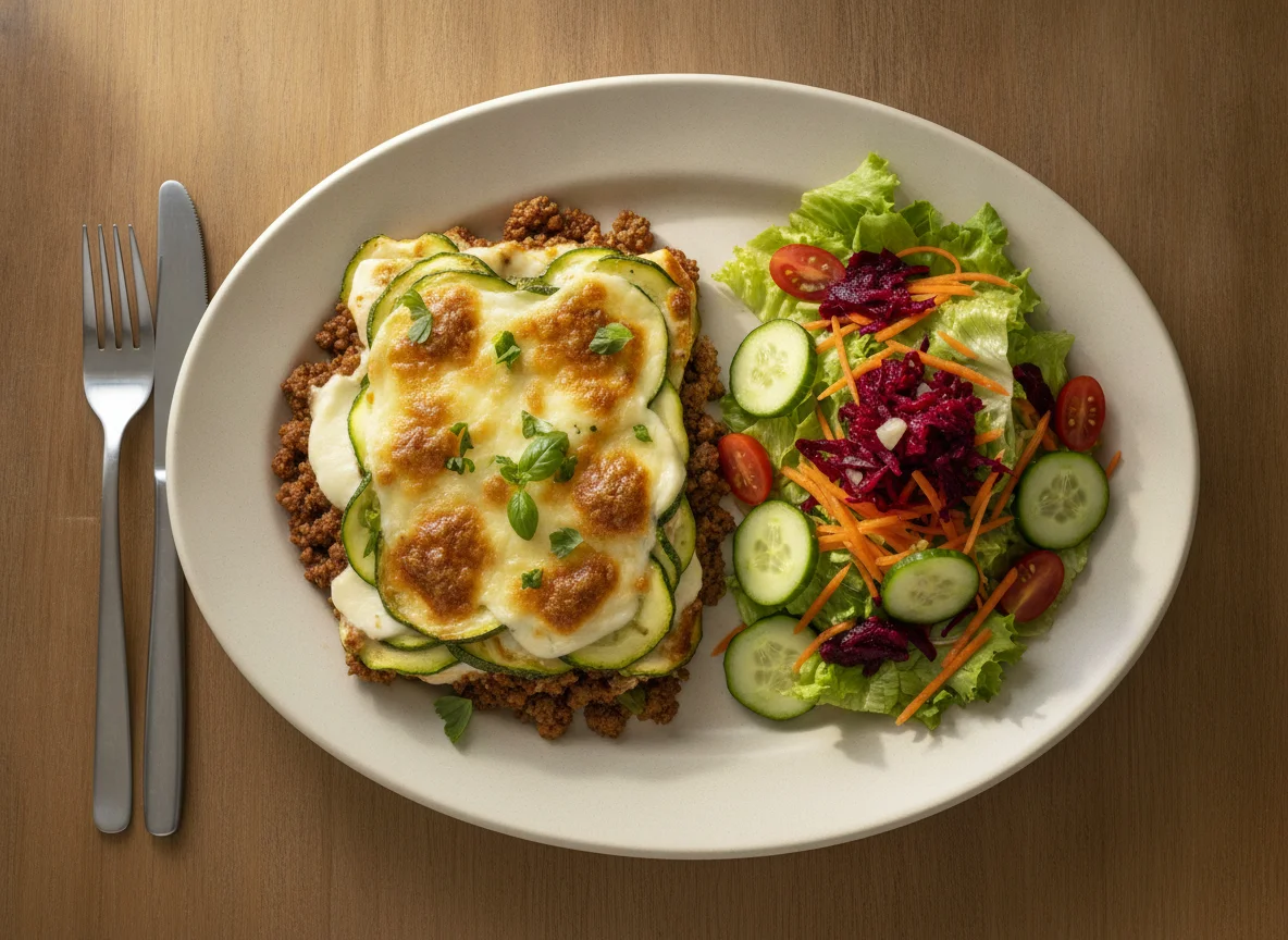Lasanha de abobrinha com carne moída e salada mista photo