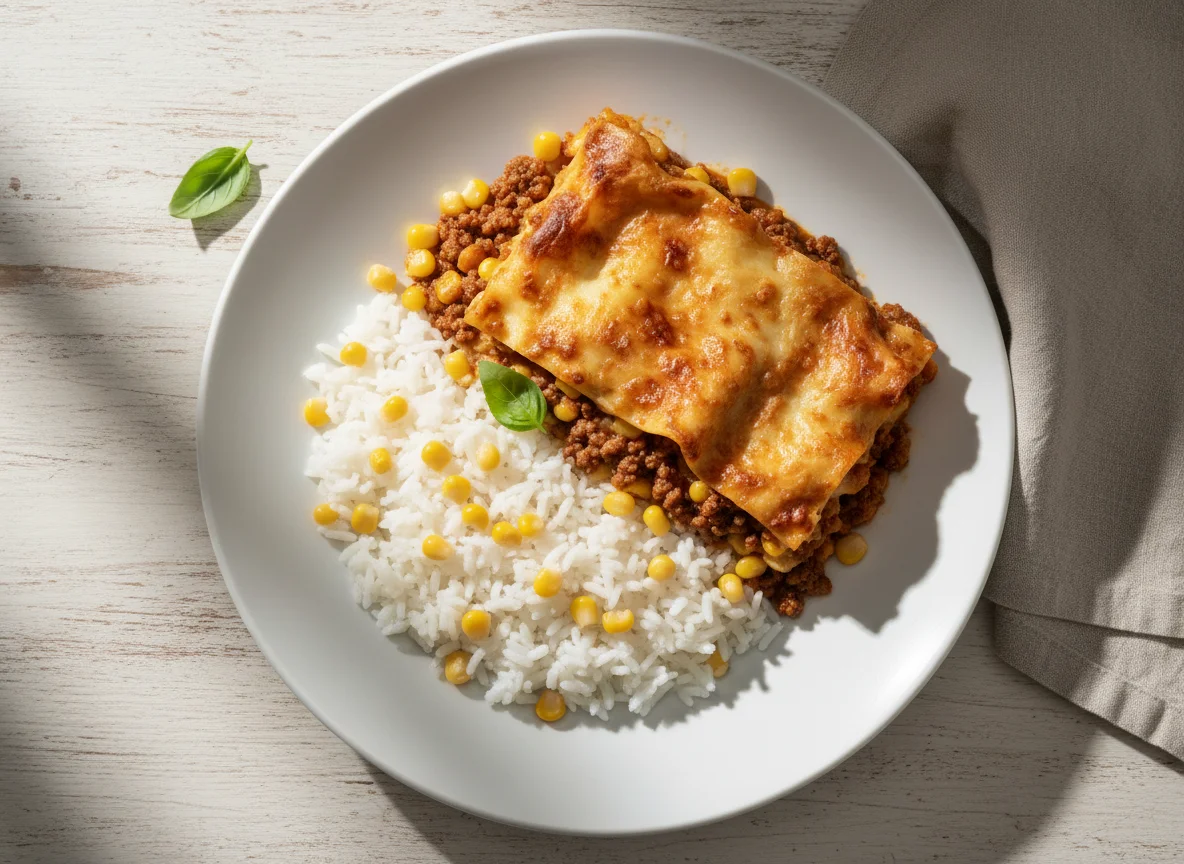 Lasanha de carne moída com arroz photo