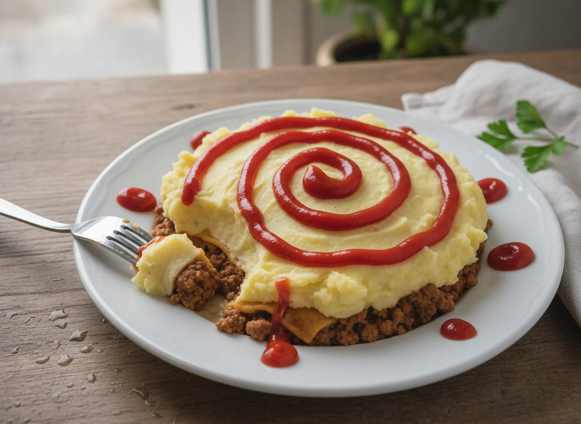 Lasanha de carne moída com purê de batata e ketchup photo