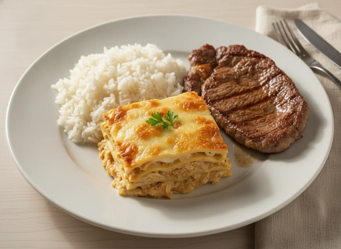 Lasanha de frango com arroz e bife photo