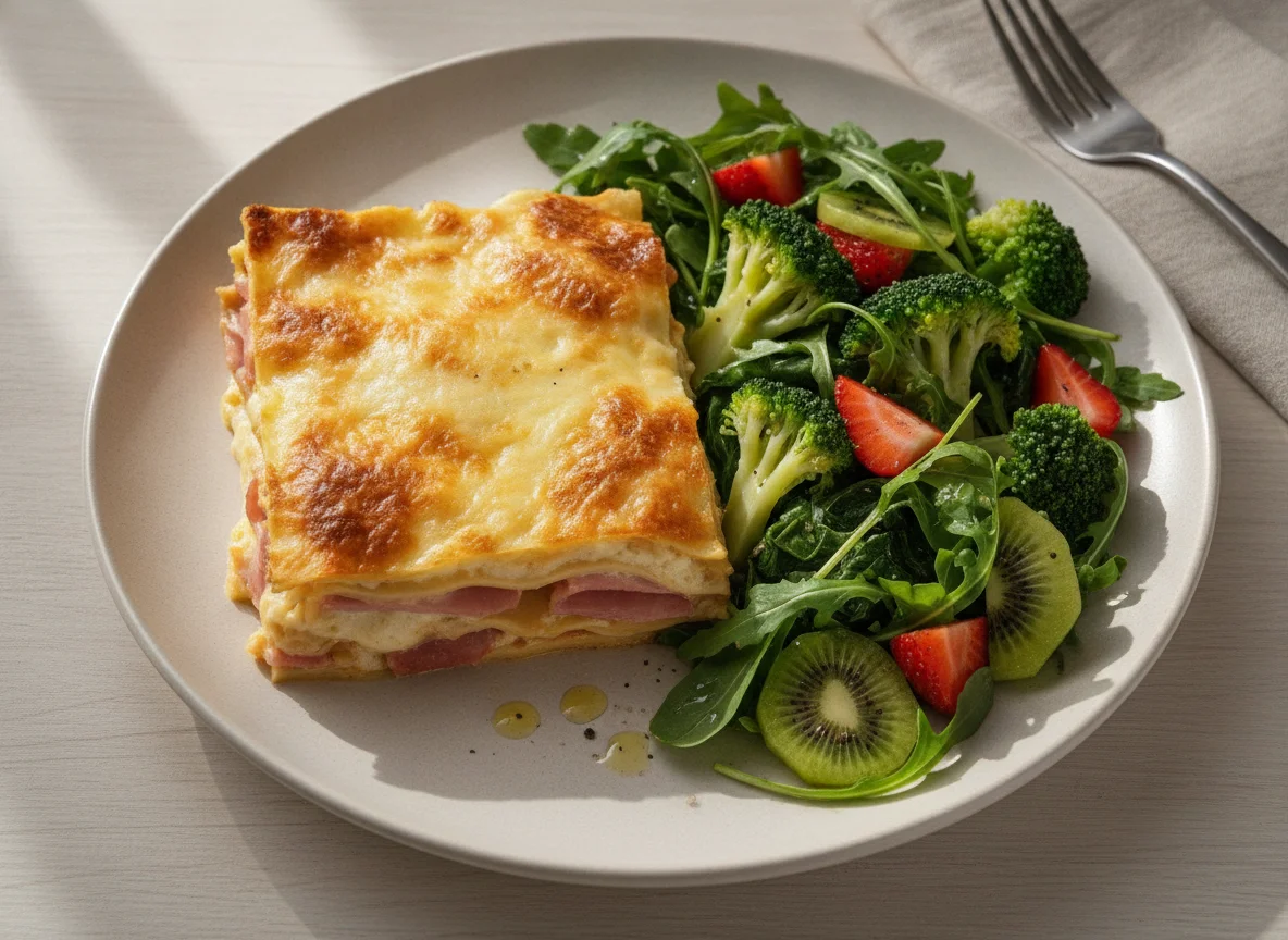 Lasanha de presunto e queijo com salada mista photo