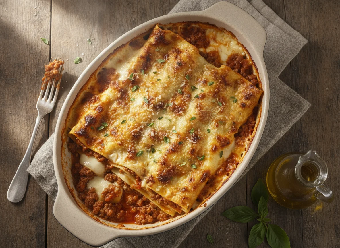 Lasanha ou canelone com carne moída e molho branco photo
