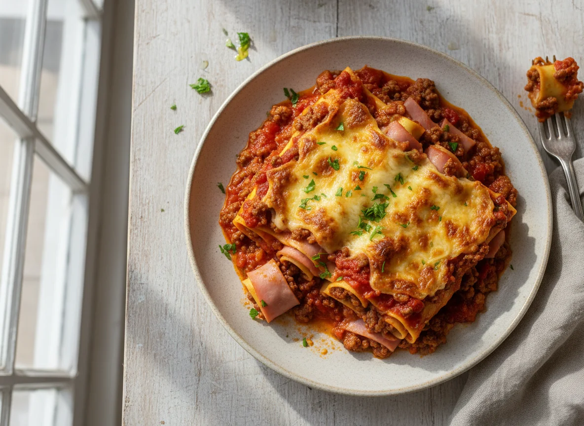 Lasanha ou Rondelli com Carne Moída e Molho photo