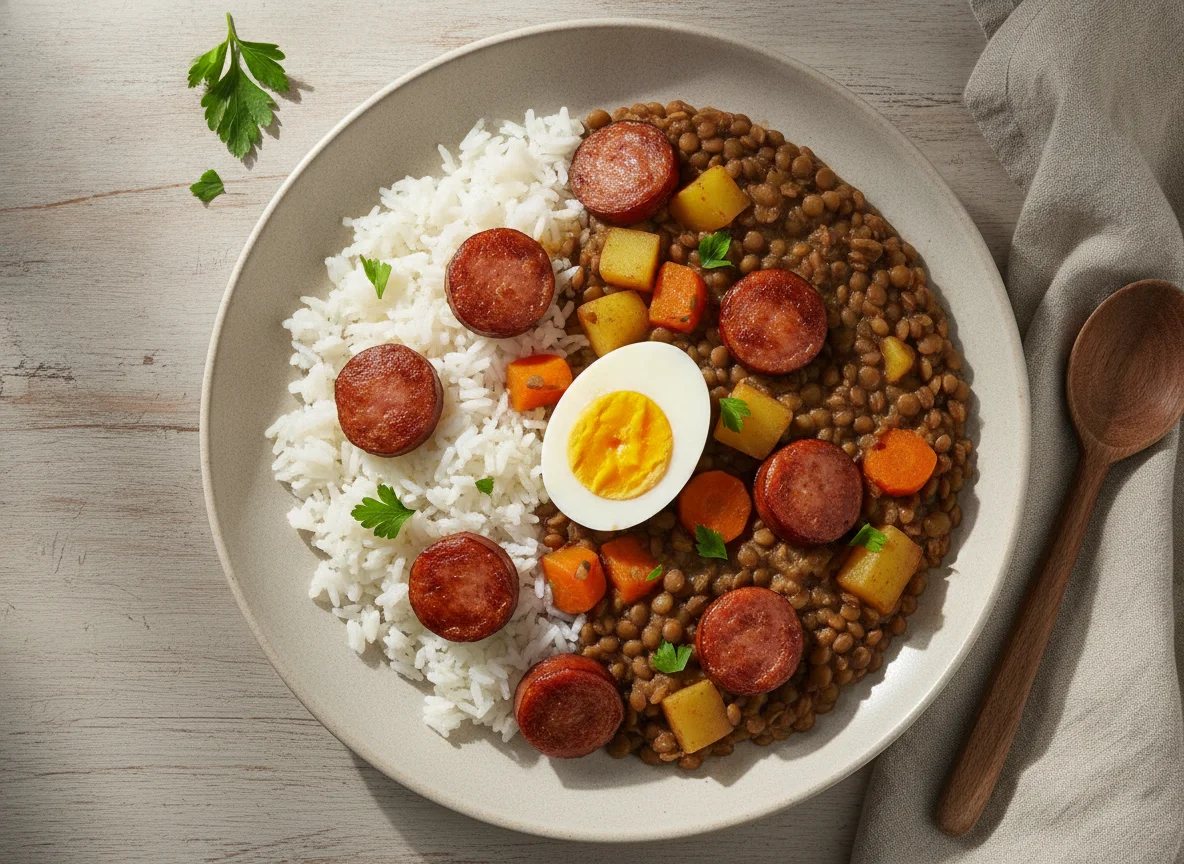 Lentilha com Arroz, Linguiça e Ovo photo