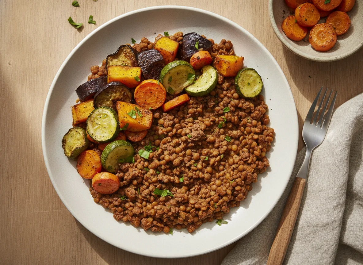 Lentilha com carne moída e legumes assados photo