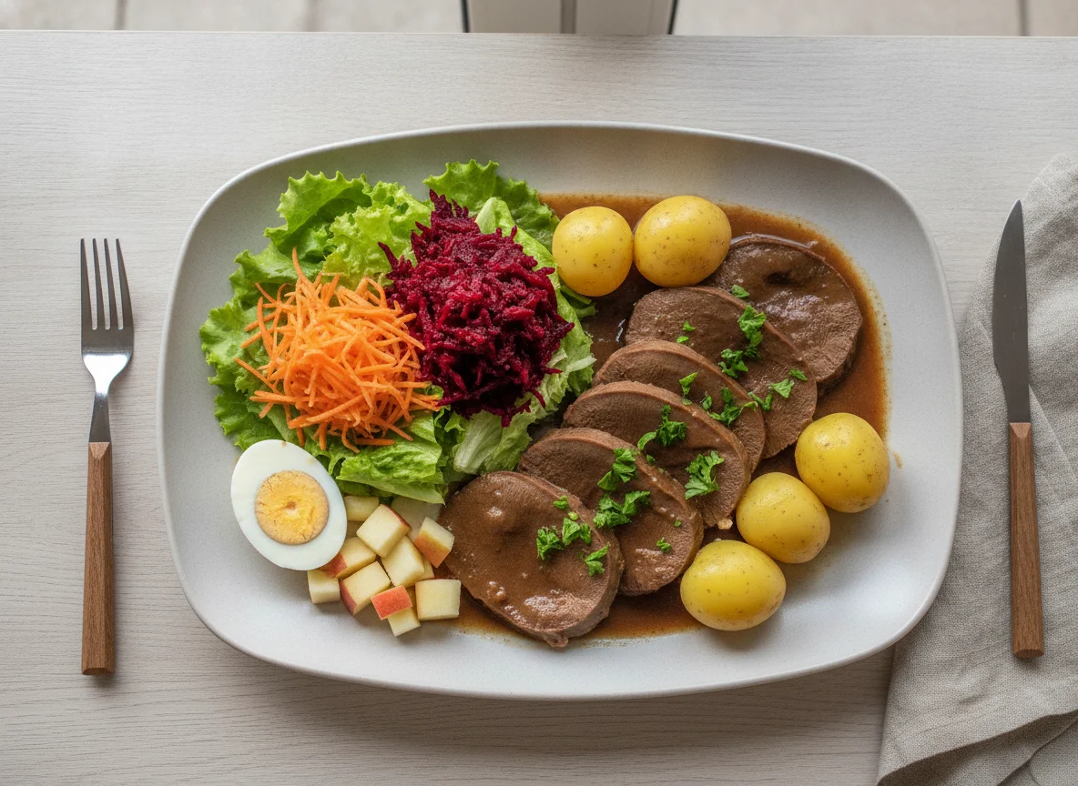 Língua bovina com salada e acompanhamentos photo
