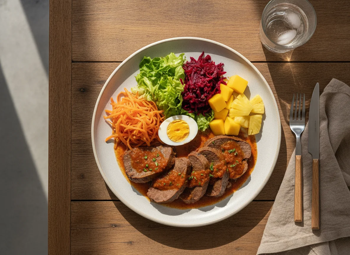 Língua bovina com salada mista e frutas photo