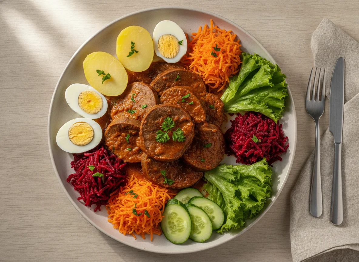 Língua de boi ao molho com salada e acompanhamentos photo