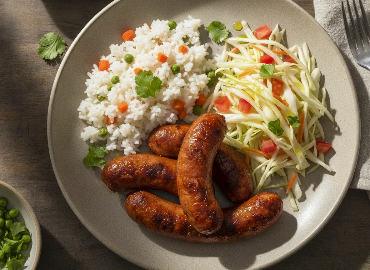Linguiça assada com arroz e salada de repolho photo