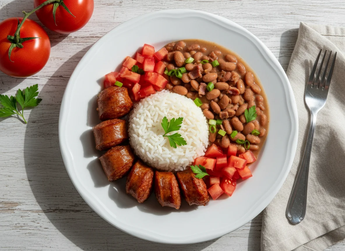 Linguiça com arroz, feijão e tomate photo