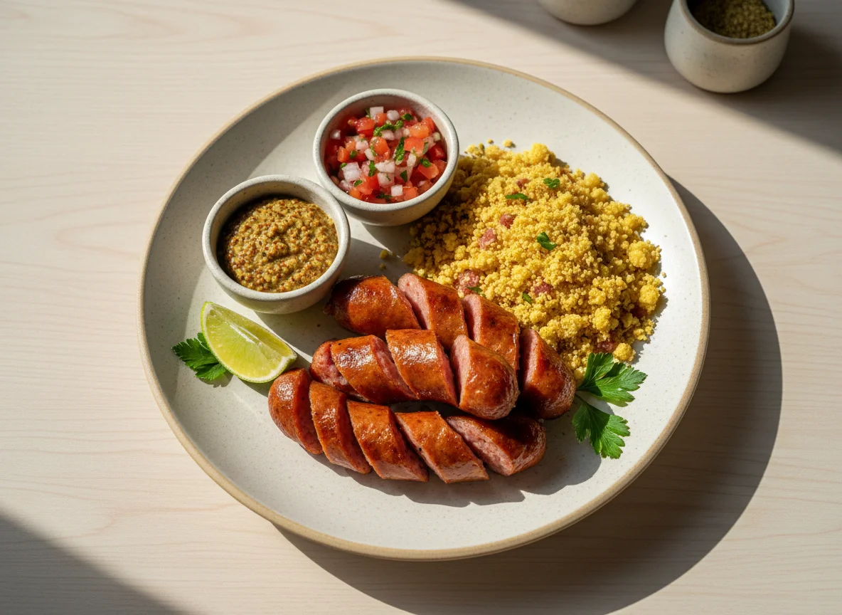 Linguiça com farofa e molhos photo