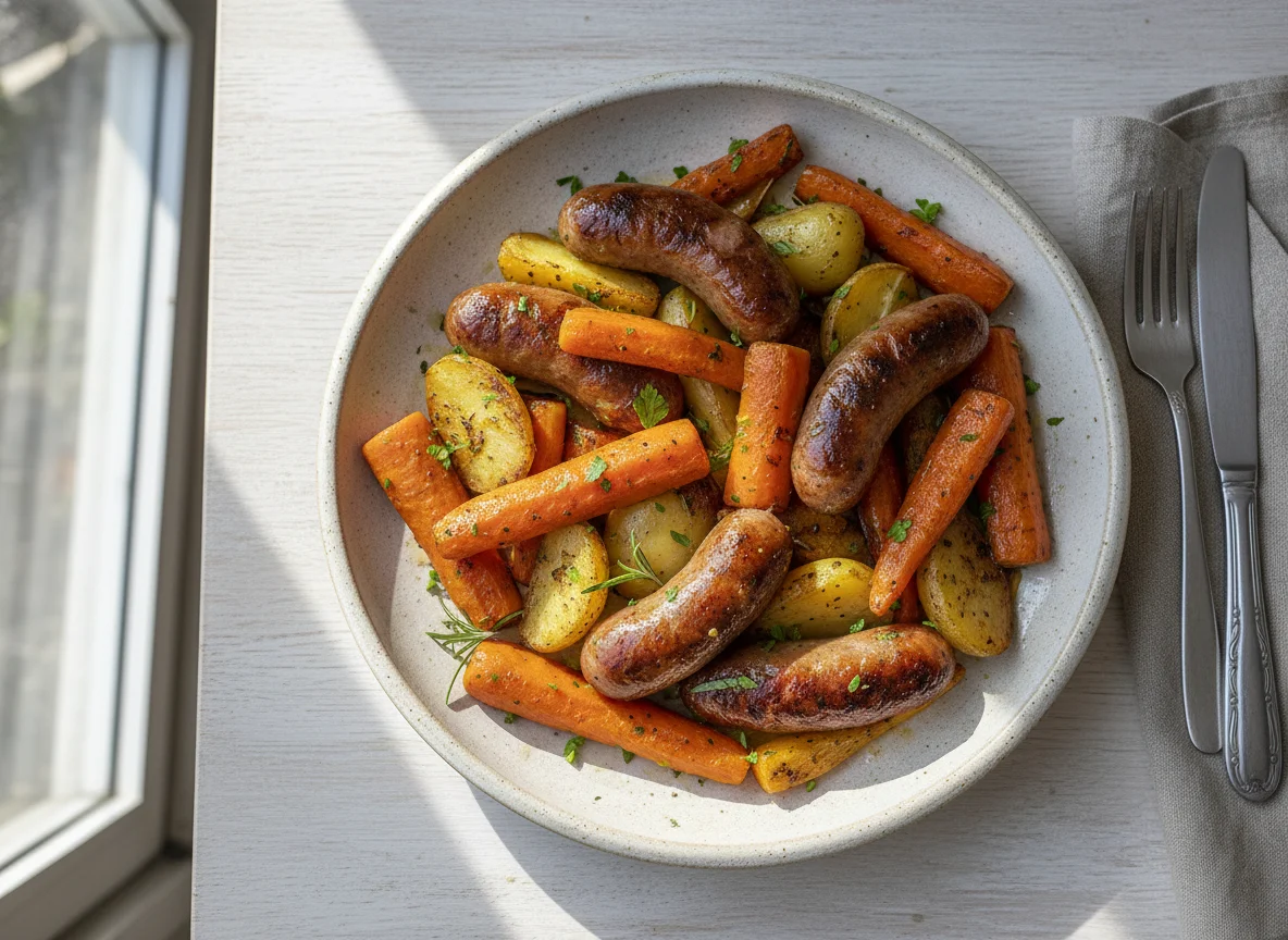 Linguiça com legumes assados photo