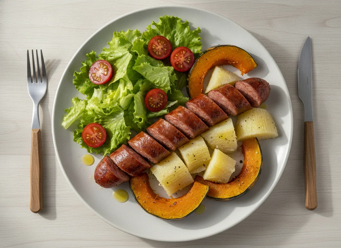 Linguiça com salada, abóbora e mandioca photo