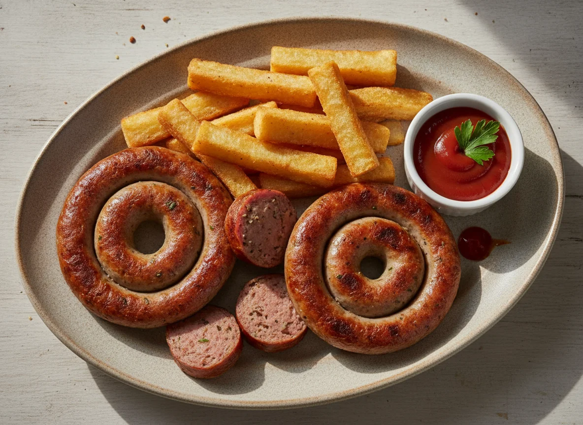 Linguiça de Dumont com Mandioca Frita e Ketchup photo
