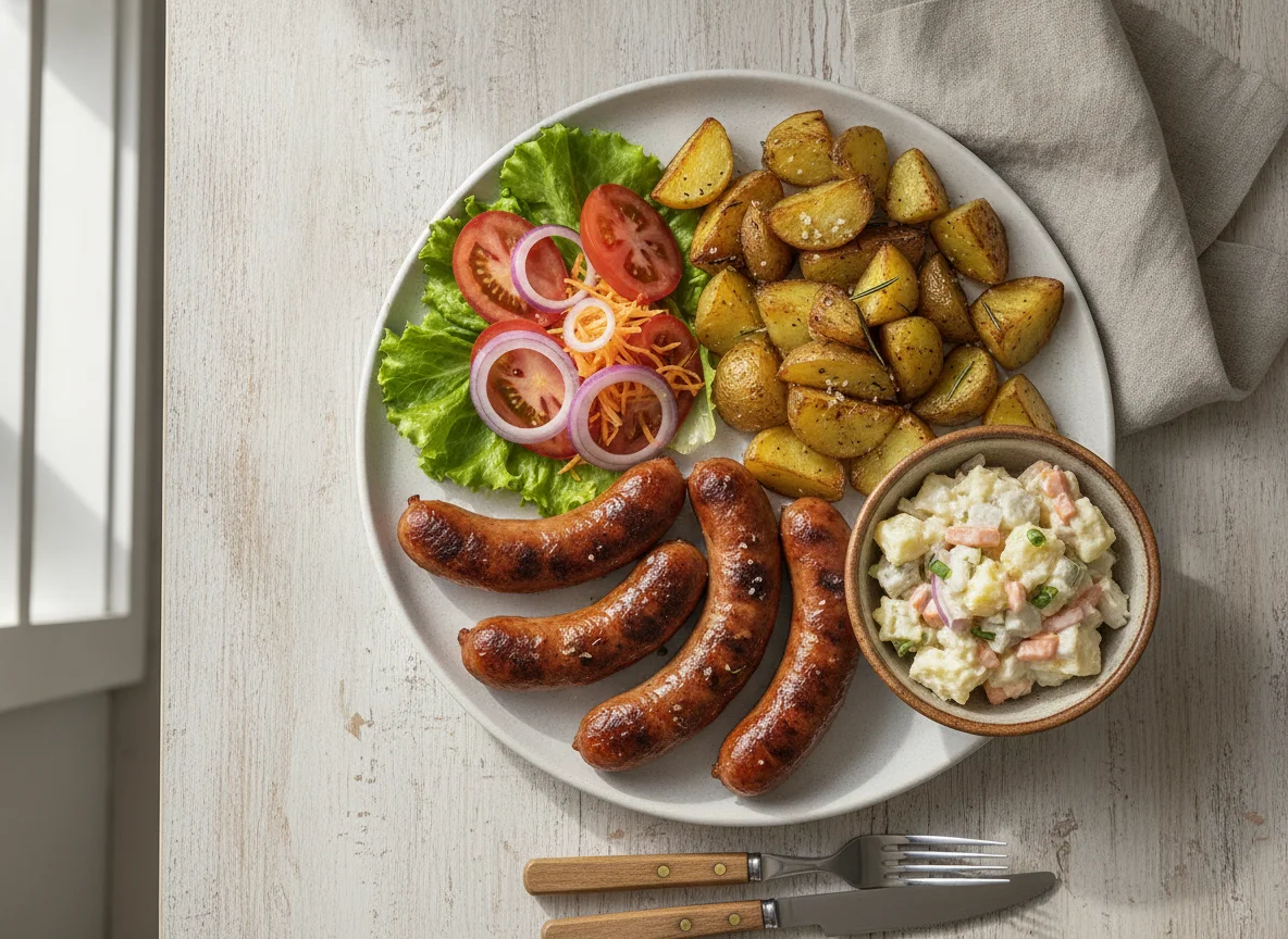Linguiça grelhada com batatas e salada photo