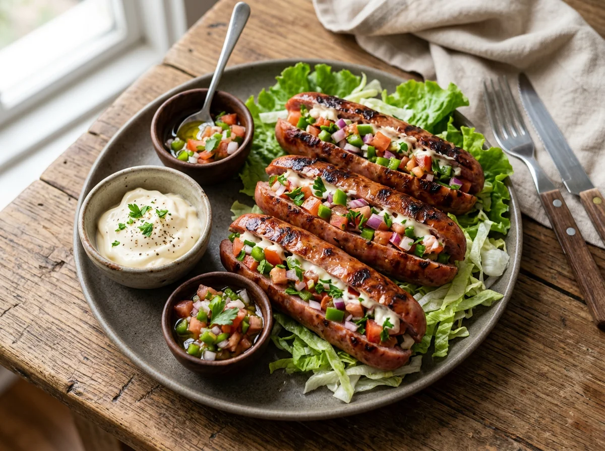 Linguiça recheada com vinagrete e maionese photo