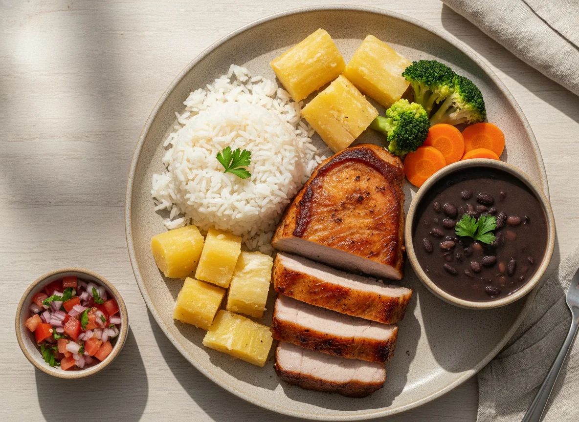 Lombo assado com arroz, feijão preto, mandioca e legumes photo