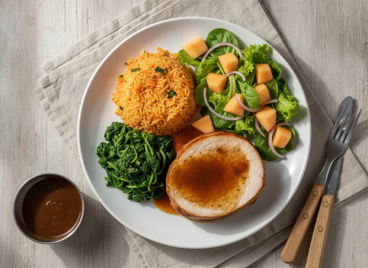 Lombo de Porco Assado com Arroz, Espinafres e Salada photo