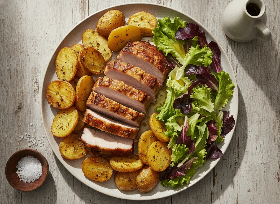 Lombo de porco assado com batatas e salada photo