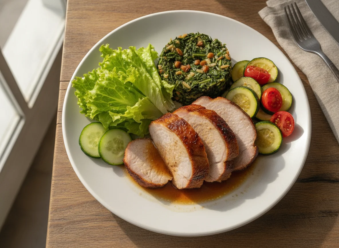 Lombo de porco assado com legumes e salada photo