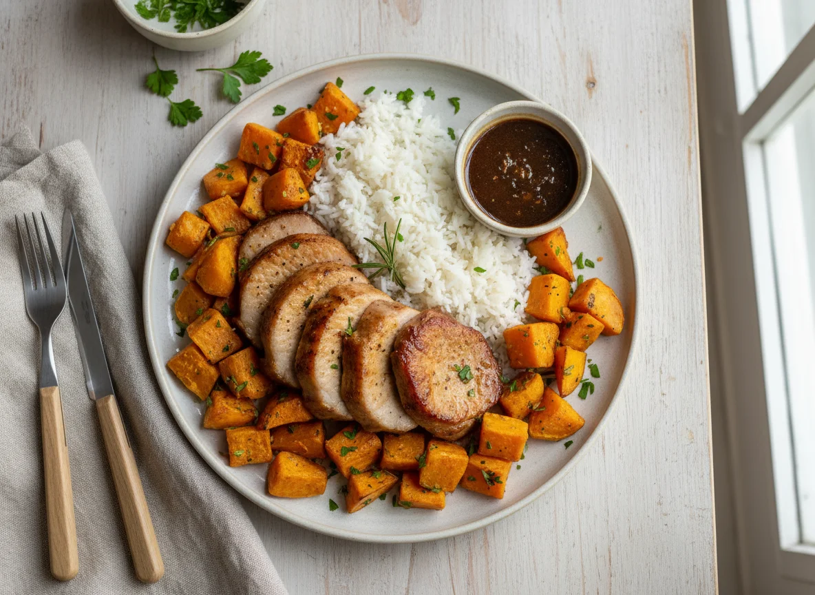 Lombo de porco com arroz e batata doce assada photo
