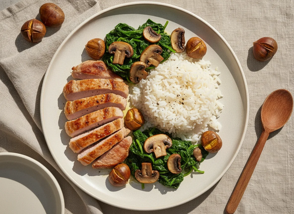 Lombo de porco com arroz, espinafres, cogumelos e castanhas photo
